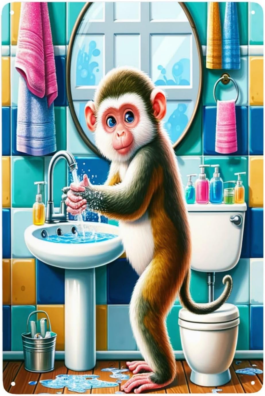 Home Goods Bathroom Decor - Whimsical Monkey Handwashing Poster Colorful Metal